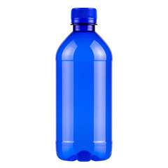 Isolated image of a blank blue plastic bottle with a cap, a clean container for medicine, water, or other liquids