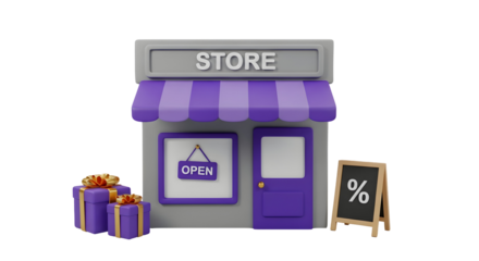 3d store illustration with open sign gifts and discount board for retail promotion marketing
