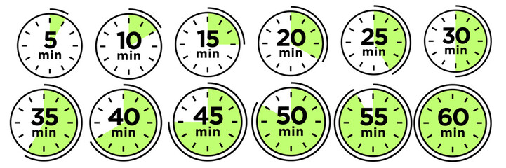 Set of clock icons from 5 to 60 minute, set of stopwatch icons from 5 to 60 minute, set of timer countdown icons from 5 to 60 minute,
