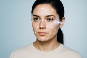 Woman's face scanned by facial recognition system showing biometric data points on light blue background. Concept of digital identity and security.