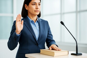 Confident businesswoman swearing oath with hand on book and raised palm beside microphone in bright courtroom setting. Ai generative.