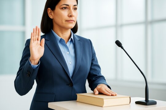 Confident businesswoman swearing oath with hand on book and raised palm beside microphone in bright courtroom setting. Ai generative.