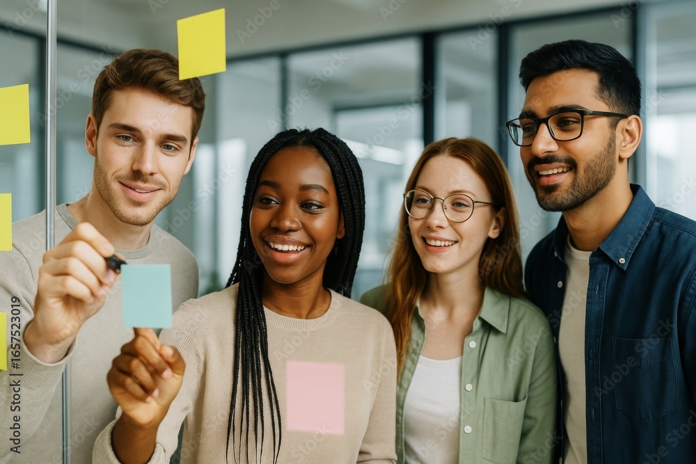 Poster group of young diverse people brainstorming with sticky notes in modern office space, standing toget