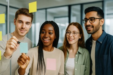 Group of young diverse people brainstorming with sticky notes in modern office space, standing together and smiling during teamwork session. Ai generative