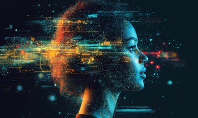 AI in education, with a female business leader using artificial intelligence technology for cybersecurity. The image emphasizes the role of research innovation and machine learning, Generative AI
