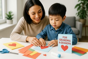 Mother and son making a handmade greeting card for grandparents together in a cozy room with natural light and a warm, loving atmosphere. Ai generative