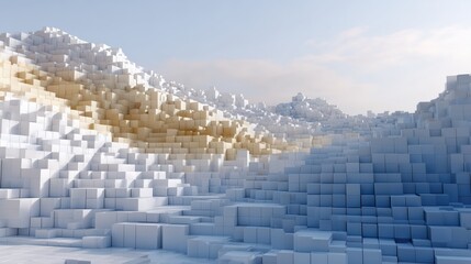 Fototapeta premium Dithering square tiles Abstract landscape of white cubes resembling a mountainous terrain under a clear sky.