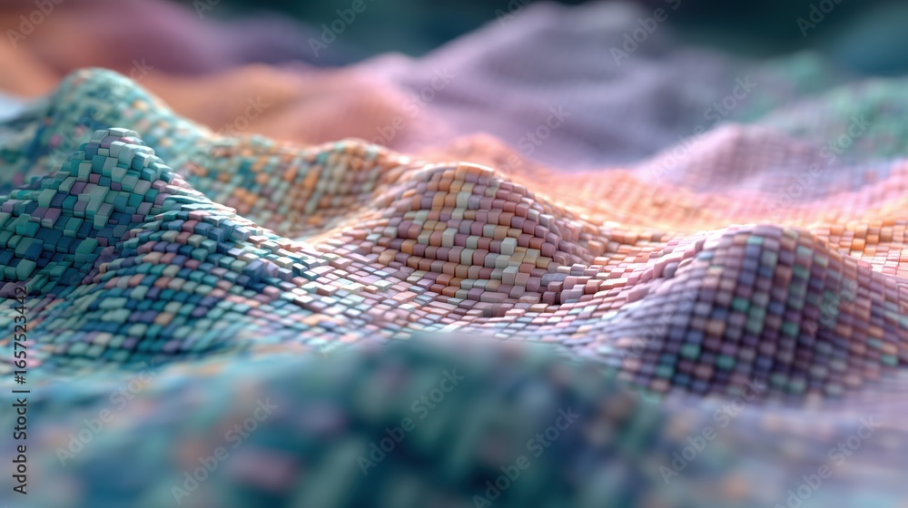 Poster dithering square tiles abstract textured landscape with vibrant colors and woven patterns, resemblin