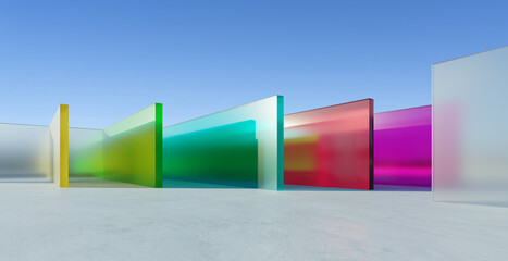 3d rendering colorful glass panels creating a vibrant path under blue sky: 3d rendering