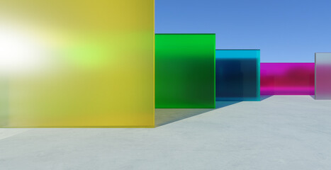 3d rendering colorful glass panels rising from concrete floor under blue sky