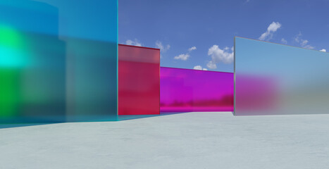 3d rendering colorful glass panels standing on concrete floor under blue sky