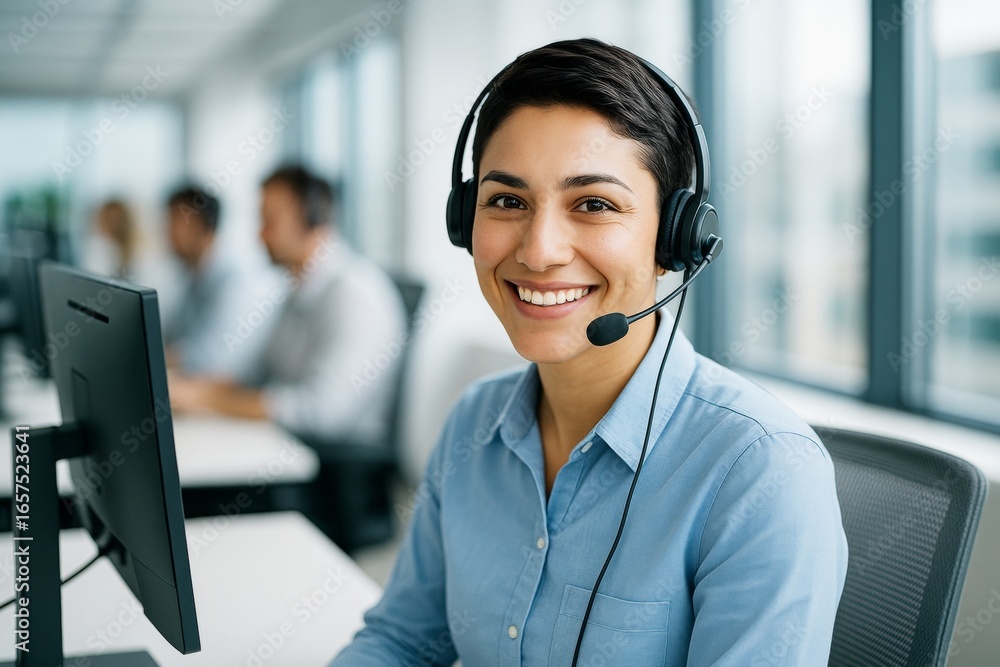Poster smiling customer service representative with headset in modern office environment, working at comput