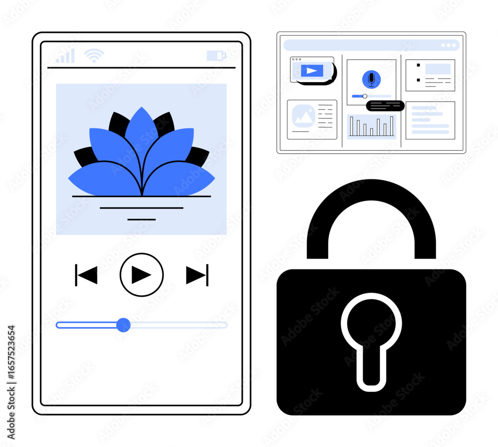 Poster media player interface on smartphone, data analysis dashboard, and padlock conveying digital privacy