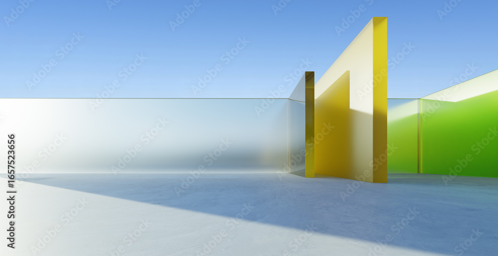 Poster 3d rendering modern architecture glass walls creating abstract geometric shapes under blue sky
