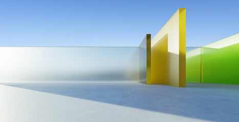 3d rendering modern architecture glass walls creating abstract geometric shapes under blue sky