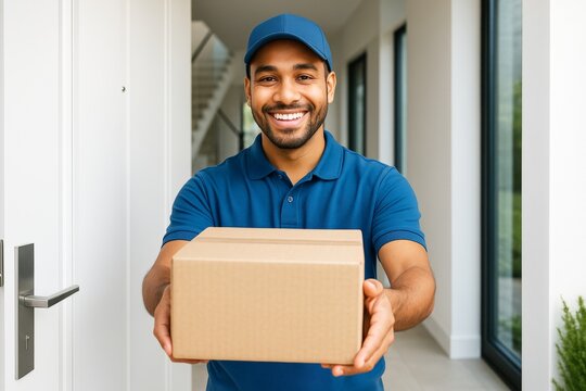Smiling delivery man handing package to recipient at door in bright modern hallway with natural light and welcoming background concept. Ai generative