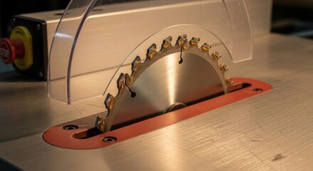 Table Saw Blade with Safety Guard and Emergency Stop Button Close-Up