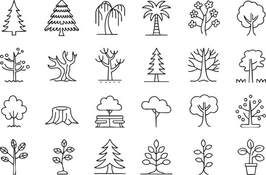 A collection of minimalist black and white line art various type tree icons on a transparent background