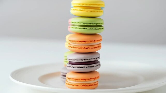 A stack of colorful macarons on a white plate, showcasing elegance.