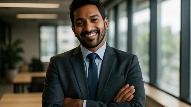 Confident businessman in a suit smiling at the camera. Medium shot with a professional office background, ideal for corporate video content.