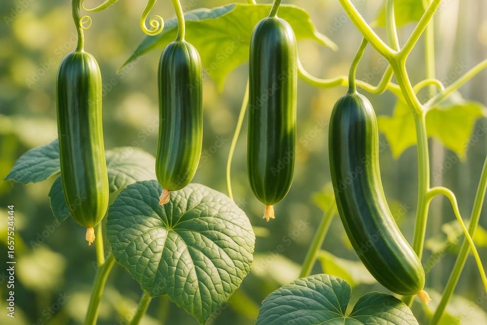 Aufkleber fresh green cucumbers growing on vines in sunlight with lush leaves and soft bokeh background in a c