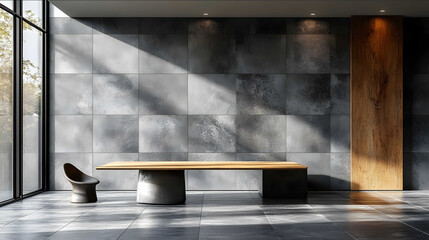 modern sleek wooden table and chair infront of grey wall very sleek and minimalist style sophisticated high end luxury dark theme