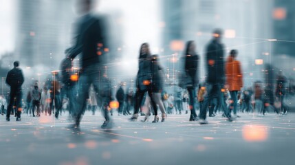 Crowd of diverse people walking on a busy city street with tall buildings and vibrant atmosphere