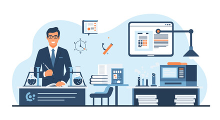 A Scientist Is Working In A Modern Laboratory, Depicting Science, Research, And Innovation With Digital Technology And Experiments, Illustrated In A Flat Design Style.