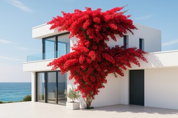 Modern coastal house with striking red bougainvillea plant growing on white facade under clear sky and ocean background, bathed in natural light.