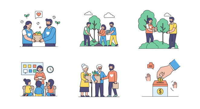 A Series Of Illustrations Depicting Community Engagement, Charity, And Social Responsibility, Including Giving, Volunteering, And Education For A Better Society.