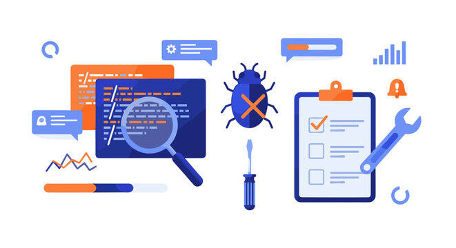 A Software Bug Illustration Depicts The Process Of Debugging And Fixing Code Errors, With Tools Like A Magnifying Glass, Wrench, And Checklist For Effective Problem Solving, Highlighting