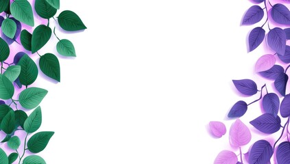 White background framed by vibrant green & purple leaves