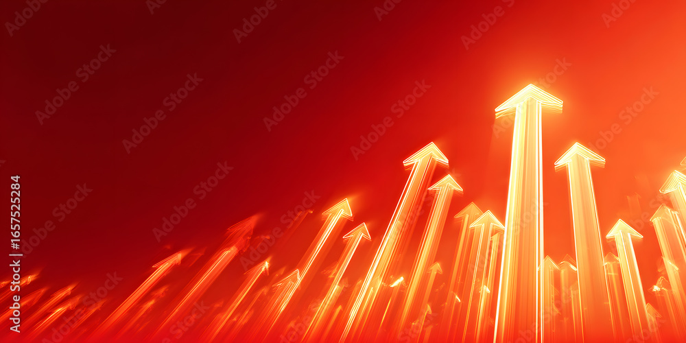 Poster glowing arrows ascending against a red gradient background