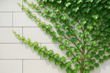 Fototapeta premium Climbing ivy plant growing in tree shape on white tiled wall with natural sunlight and leaf shadows, symbolizing green living concept. Ai generative