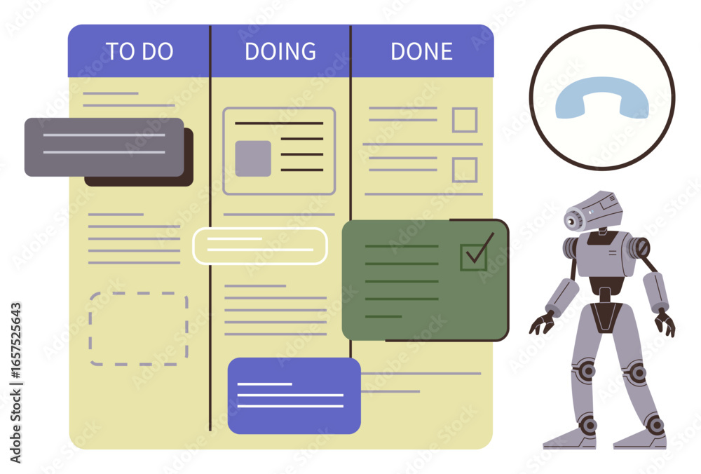 Poster robot beside kanban board with to do, doing, and done columns, reflecting productivity. ideal for wo