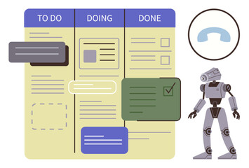 Robot beside Kanban board with To Do, Doing, and Done columns, reflecting productivity. Ideal for workflow, task management, automation, project planning, AI involvement time management simple flat © robu_s