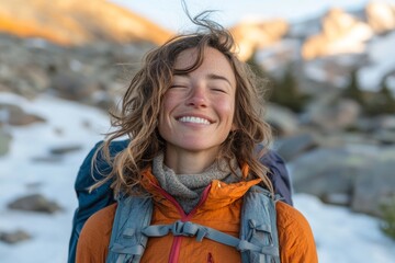 Free-spirited woman smiling with her eyes closed during a mountain hike at sunrise. The image emphasizes joy, freedom, and the mental health benefits of outdoor activities, Generative AI