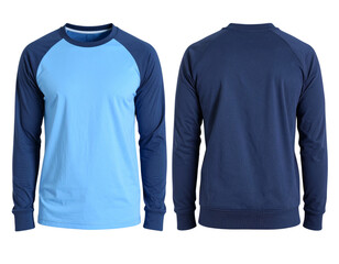 Front and Back View of Light and Dark Blue Long Sleeve Tee and Sweatshirt, Transparent PNG