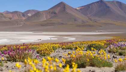 Vibrant desert landscape featuring wildflowers, mountains, and a shallow lake