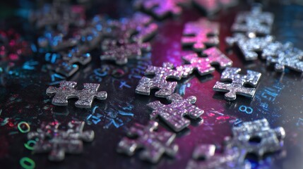 Jigsaw puzzle pieces with alphanumeric code Colorful puzzle pieces scattered across a surface, showcasing a blend of vibrant hues and textures.