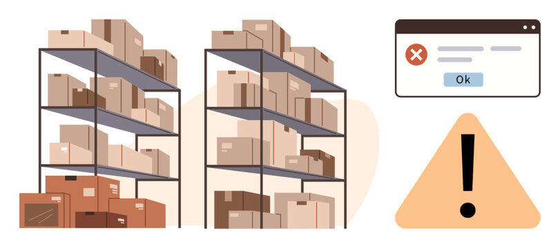 Fototapeta Stacked shelves with boxes, warning sign, error popup. Ideal for logistics, supply chain, inventory, shipping, e-commerce error handling risk management. Simple flat metaphor