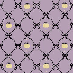Ribbon and pumpkin seamless pattern with autumn leaves, pumpkins, wallpaper, cute fall vector, quilt, blanket, cozy mosaic background, print, wrap, gift paper, textile design.