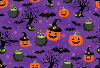 Vector halloween pattern witchy pumpkins, cauldrons, bats, twisted haunted treesand and cats on purple background with scattered pink dots