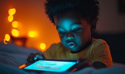 Young Black child using a smart tablet. The image captures a happy African American boy gaming on an iPad, engaging with AI technology, Generative AI