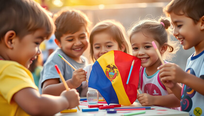 Stock photo of children painting Ecuadorian flags for Ecuador Independence Day (August 10), taken in warm natural light 2