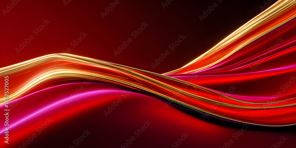 Poster dynamic flow of colorful light waves on a deep red background