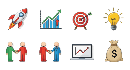 Startup Business PNG Icon Set – Transparent Icons of Rocket, Growth Chart, Light Bulb, Target, Teamwork, Laptop & Money Bag