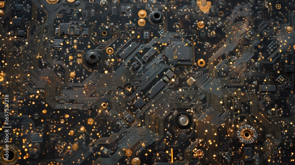 Poster motherboard background intricate circuit board design with detailed pathways and components.