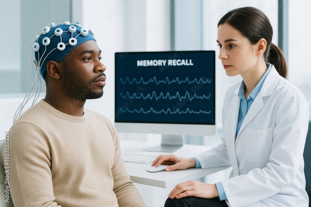 Poster neurological memory recall test with eeg cap and doctor analyzing brainwave activity in clinical sci