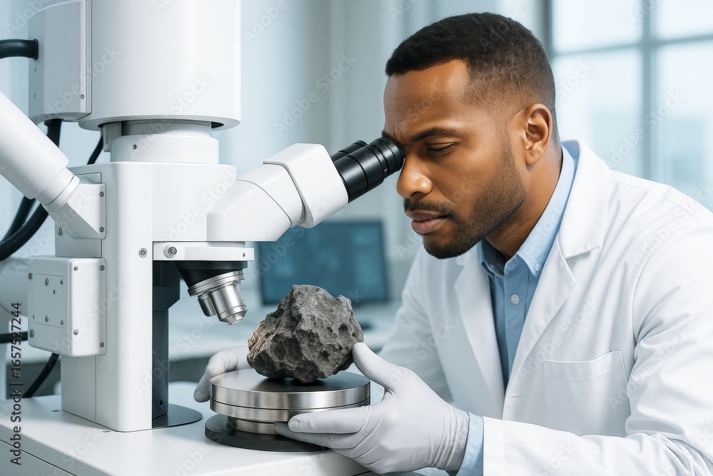 Poster scientist examining meteorite sample under microscope in modern laboratory with high-tech equipment 